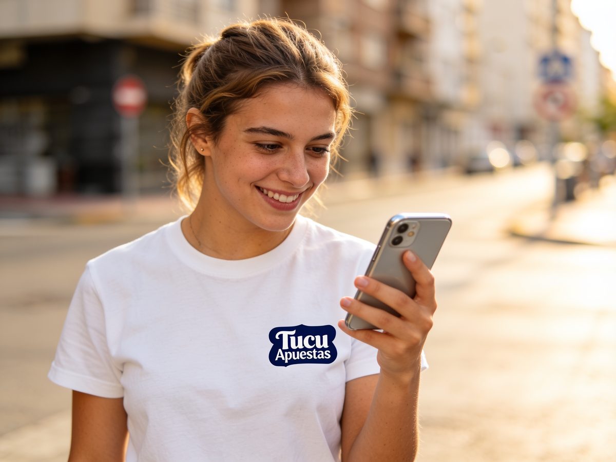 Usuaria de Tucu Apuestas revisando la aplicación en su teléfono